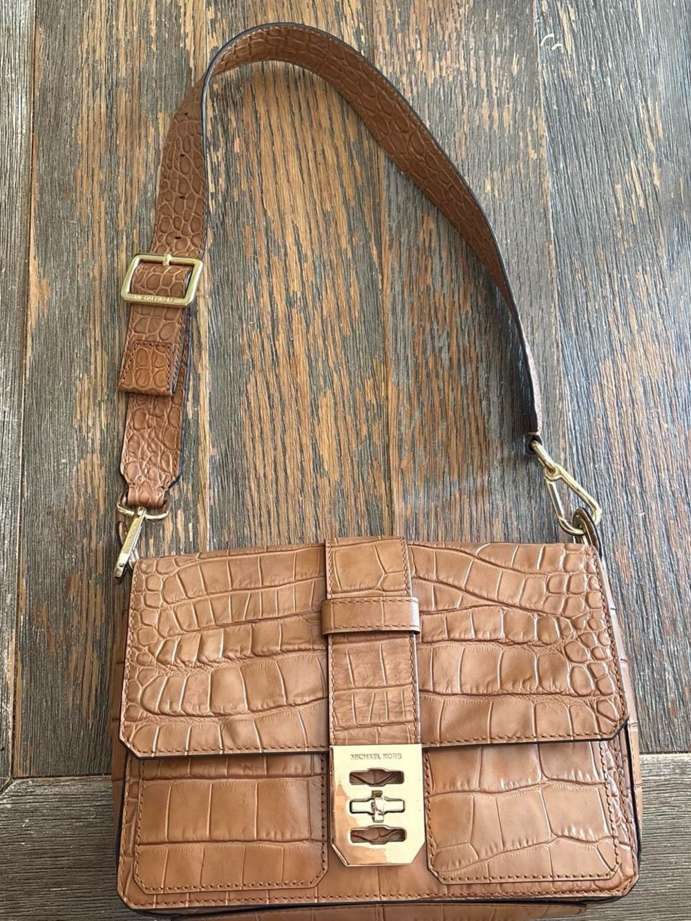 Michael Kors Cognac Croc-Embossed Leather Messenger Bag